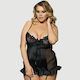 Plus Size Babydoll Δαντελωτή Πλάτη & Floral Σουτιέν Plus Size Babydoll Lace Back & Floral Bra Μαύρο