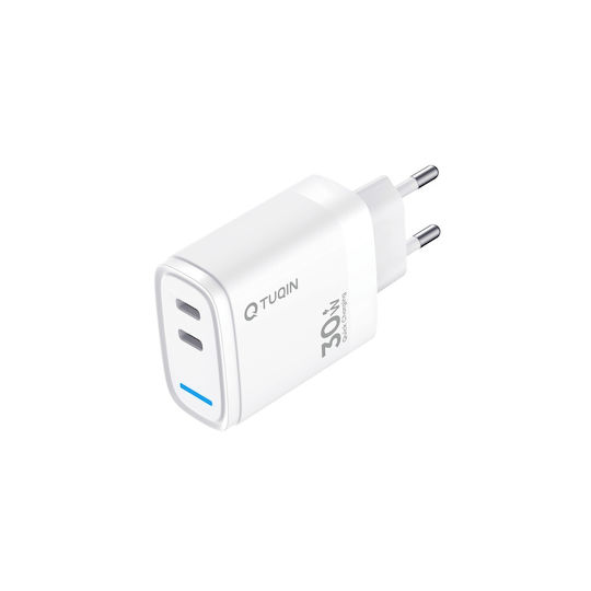 Tuqin Φορτιστής με 2 Θύρες USB-C και Καλώδιο USB-C - USB-C 30W Λευκός (QE59-C&C)