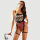 School Girl Costume Double Shoulder Straps Red Plaid Bodysuit Wait Belt