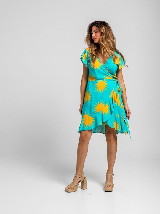 Summer Mini Dress with Ruffles Turquoise