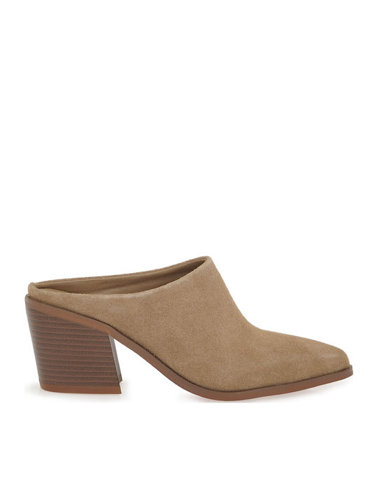 Seven Suede Mules with High Heel in Beige Colour