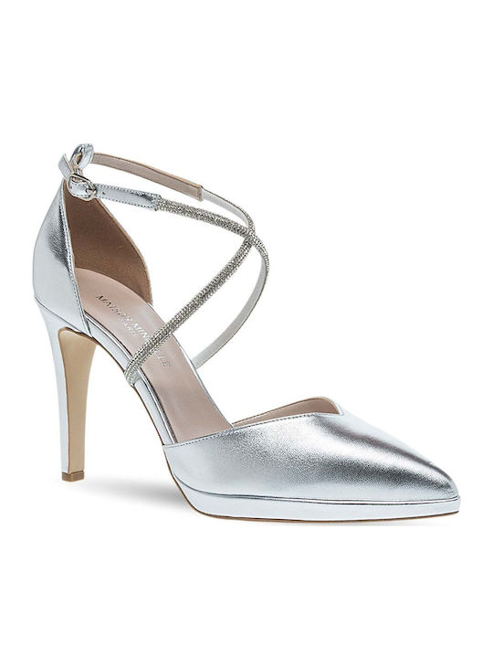 Leder Spitze Zehe Pumps mit Riemen Silber