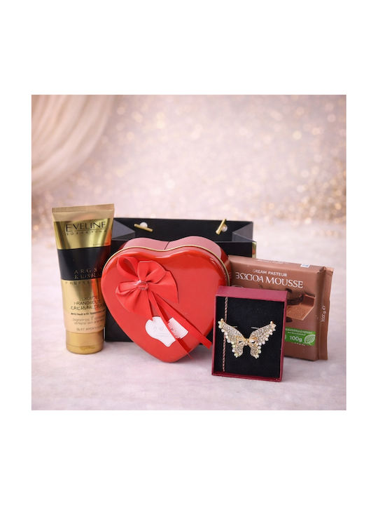 Set Cadou Tenderness Brosa Martisor Fluture Cremă De Mâini Eveline Argan Și Vanilie Ciocolată Ritter Sport Cacao Mousse Cutie Metalică Săpun Trandafiri Ursuleț De Pluș Plus În Geantă Elegantă Stil Poșetă Roșie