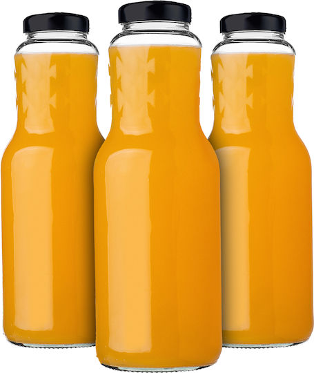 Sticle De Suc Din Sticlă 1l + Capace Negre Fi53 3 Bucăți