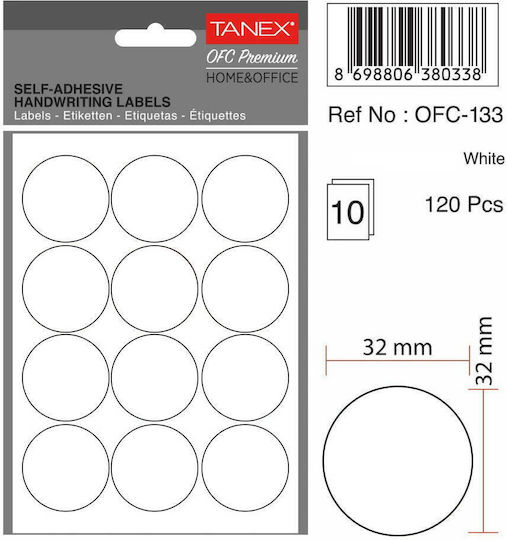 Tanex 60 Buc Etichete Adezive Rotunde În Culoare Albă 32mm