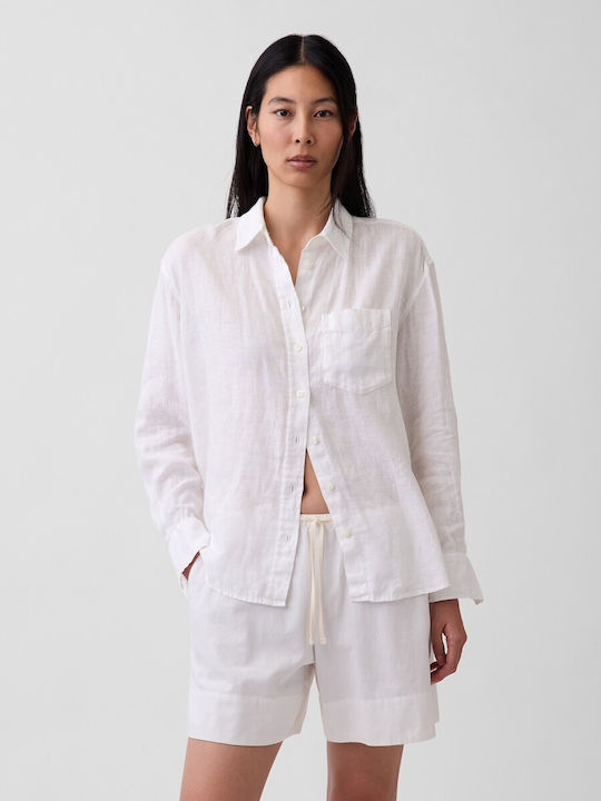 GAP Μακρυμάνικο Γυναικείο Λινό Πουκάμισο Off White
