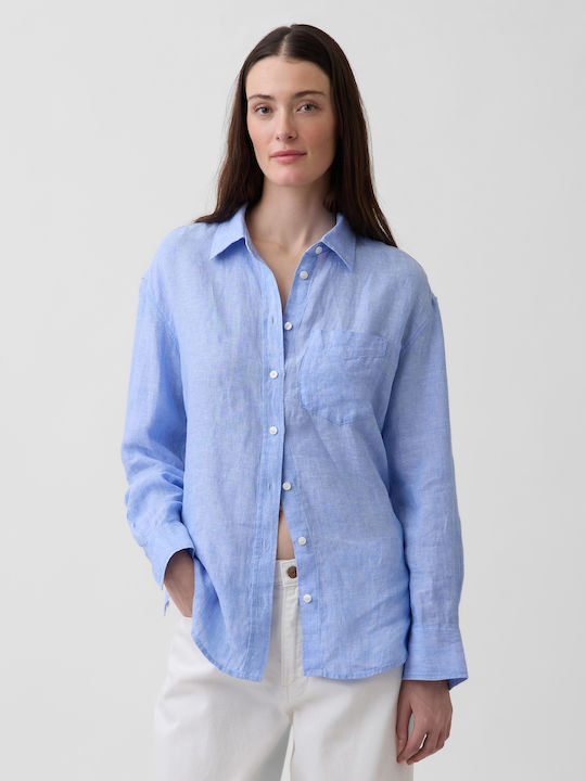 GAP Μακρυμάνικο Γυναικείο Λινό Πουκάμισο Blue