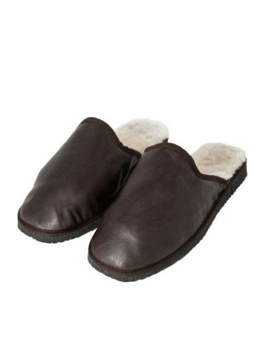 Leather Winter Men's Slippers Brown
