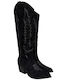 Cizme Dama Cowboy de Catifea cu Toc Mediu Negre