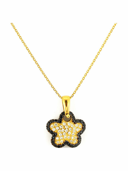 Atofio Kosmima Necklace With Flower Design In 14K Gold With Black Zircon