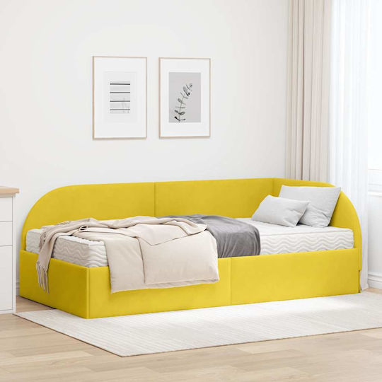 Canapea Pat Single Tapitat cu Catifea Galbenă cu Plăci și Saltea 100x200cm