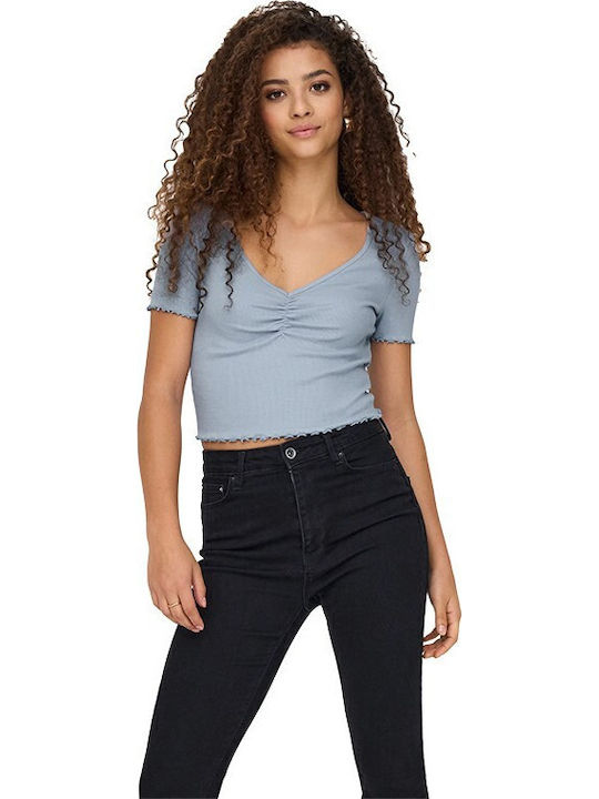 Only Life Women's Crop Top Cotton with V-Neck Blue