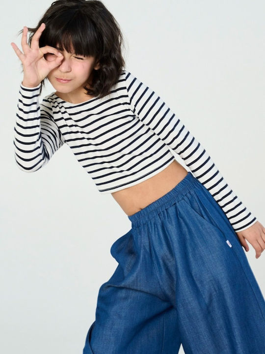 Top Pentru Copii Crop Top Cu Mâneci Lungi Alb - Albastru