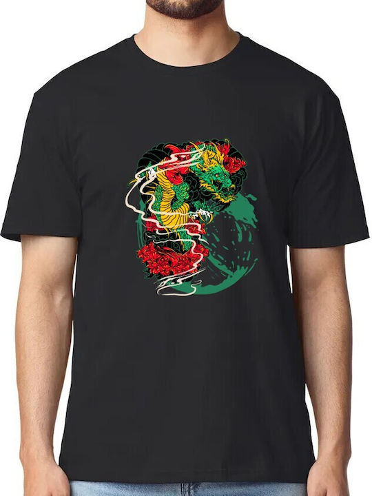T-shirt Japanese Dragon Peonies Pop Culture Black