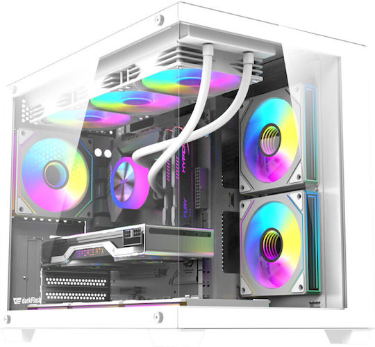Darkflash B275 Pro Gaming Mini Tower Computer Case with Side Window and ARGB Lighting White +6 Fans