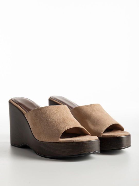 Mules Platform Suede Strap Women's 903-652 Taupe Synthetic Suede