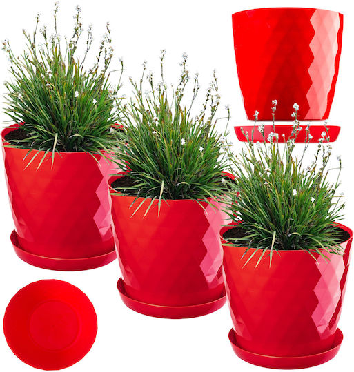 Kadax Set 3 Ghivece de Flori Plastice Roșii cu Farfurie