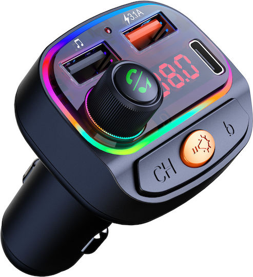 Osio Oft-4265bt Bluetooth FM Предавател За Кола 2×USB-A + 1×USB-C Hands-Free и Осветление в 7 Цвята Черен Osio