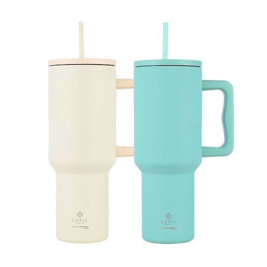 Estia Straw Tumbler XL Save The Aegean Recyclable Handled Thermos Stainless Steel BPA Free 1.2lt Lily White & Bermuda Green with Straw and Handle