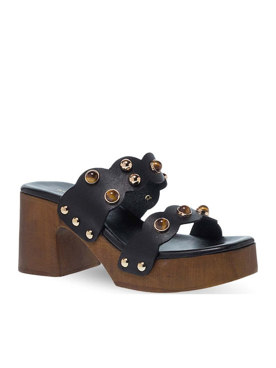 Leather Mules with Chunky High Heel in Black Colour
