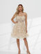Mini Evening Dress with Tulle and Mesh Beige
