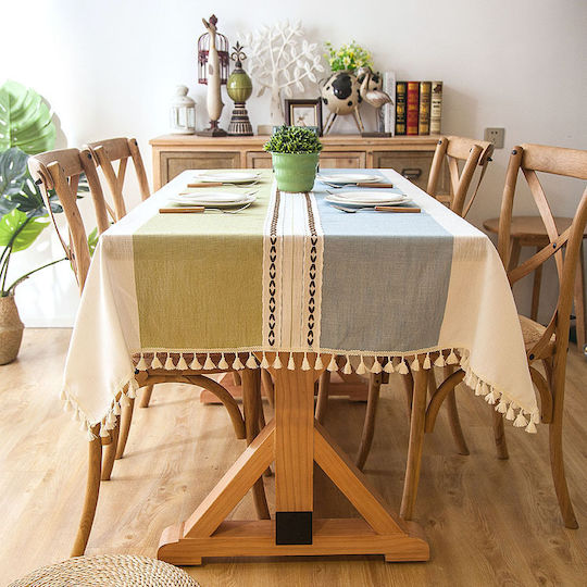 FRIPIA Linen Tablecloth With Blue-Green Embroidery 120x180cm