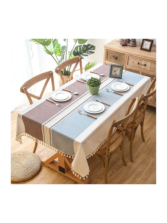 FRIPIA FRIPIA Leinen Tischtuch Mit Stickerei Blau Und Braun 140x300cm