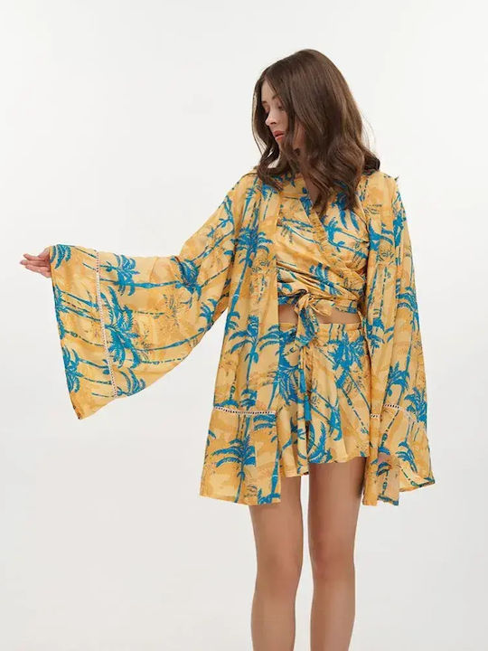 Ble Resort Collection Women's Mini Kimono Beachwear Turquoise/Orange