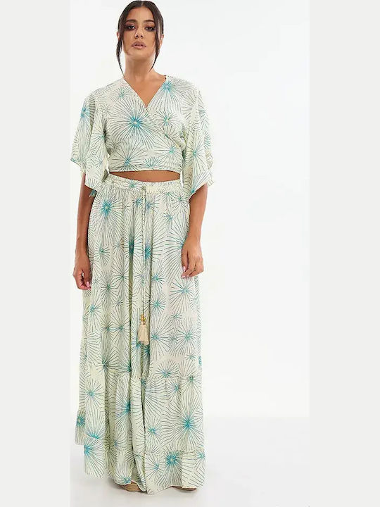 Φούστα Floral Εκρου Με Τυρκουαζ/χρυσα Λουλουδια