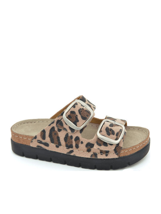 Leather Women's Anatomic Flatform Sandals Beige 617 Leopard