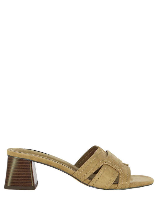 Corina Suede Mules with Heel in Beige Color