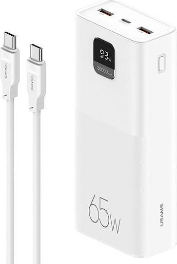 Usams PB68 Power Bank 30000mAh 65W με 2 Θύρες USB-A και Θύρα USB-C Power Delivery / Quick Charge Λευκό