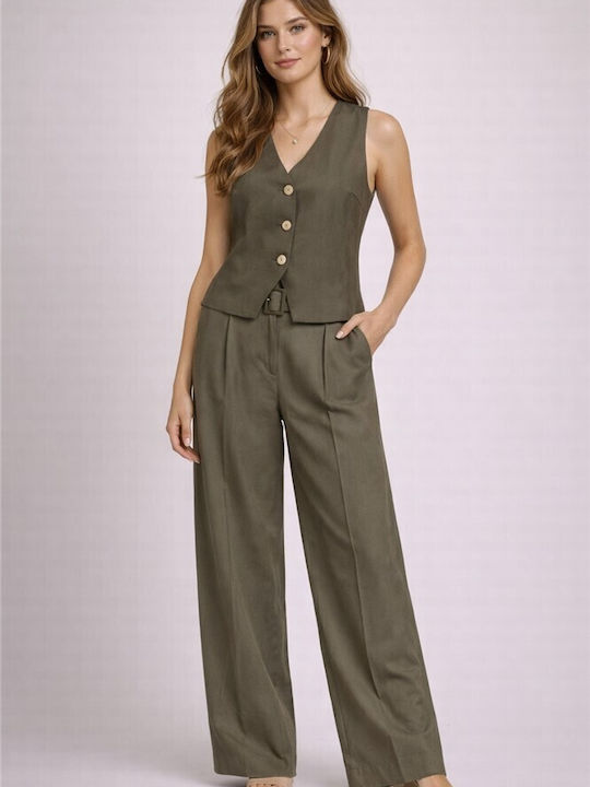 Wide Women's High Rise Pantaloons in Loose Fit Khaki