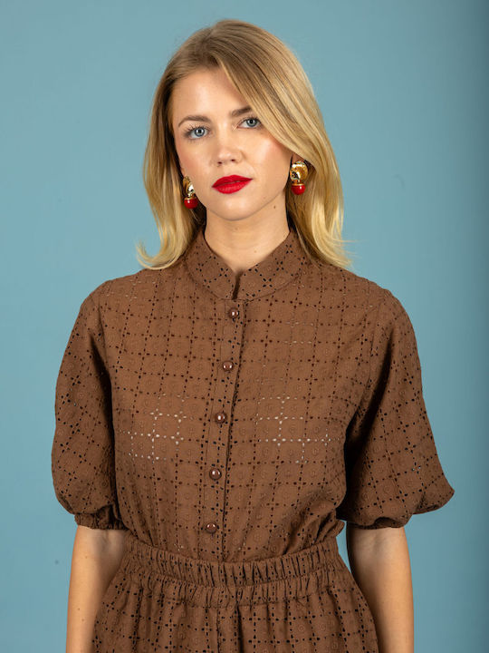 Short Sleeve Women's Cotton Shirt Chocolate 131-71538-Chocolate