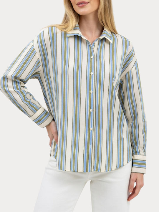 Long Sleeve Women's Shirt Ciel Green Striped Pattern