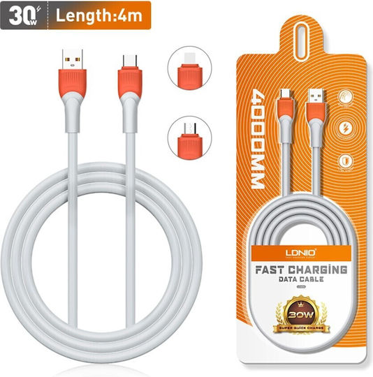 Ldnio USB-A To Lightning Кабел 30W Бял 4м