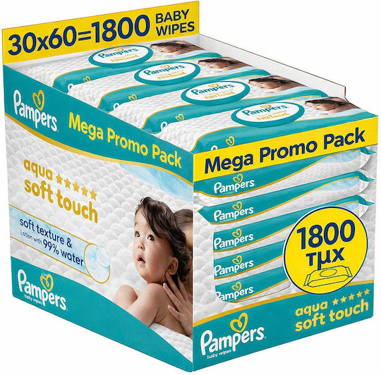 Pampers Aqua Soft Touch Șervețele Umede Bebe cu 99% Apă Fără Parfum Alcool și Parabeni 1800 Bucăți