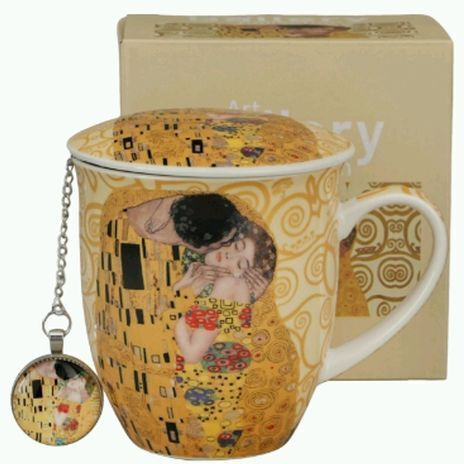Mug 400ml Lid Tea Filter Box Duo Klimt Kiss Ecru