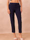 Women's High Rise Fabric Trousers in Straight Leg Navy Blue