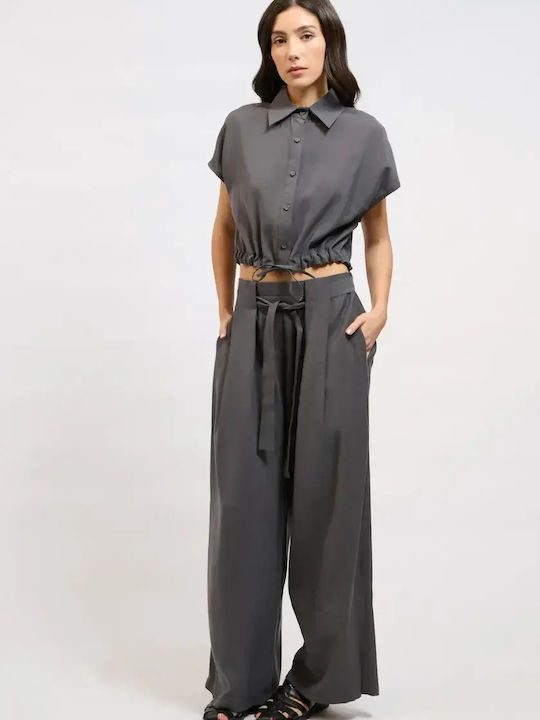 Collectiva Noir Women's Fabric Pants Loose Fit Gray