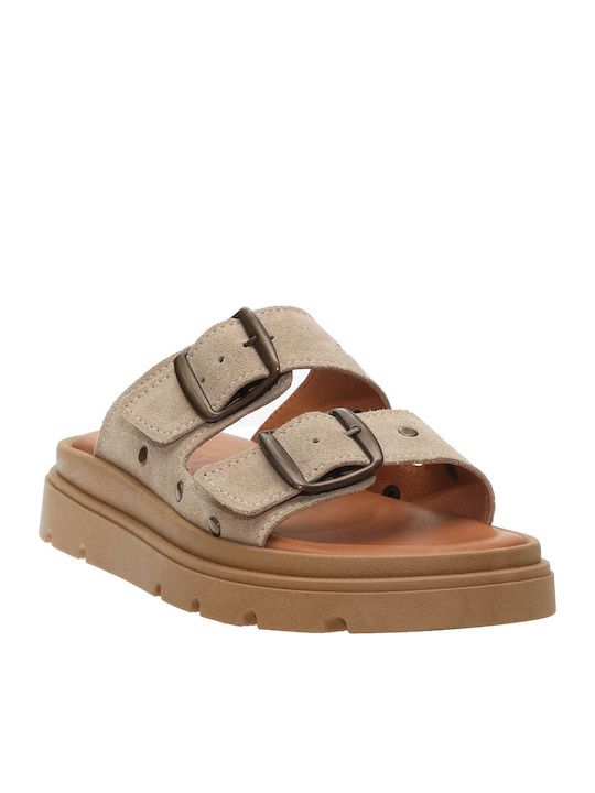 Malena Δερμάτινα Γυναικεία Σανδάλια Flatforms Μπεζ