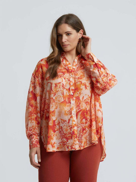 Mat Fashion Long Sleeve Women's Shirt Orange Fl...