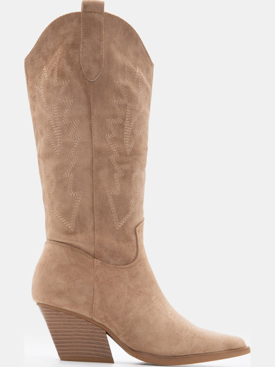 Suede Women's Boots Cowboy with Medium Heel Beige