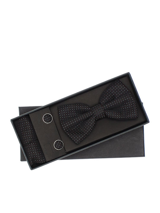 Set 3 Piese Cravată Papillon Butoni De Manșetă Batistă Bărbați Imprimeu Cu Puncte Negru Setp230