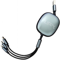 Universal Retractable Phone Cable Flippy Universal 3in1 Any Phone Type Micro-usb Lightning Type-c 1.2m Black