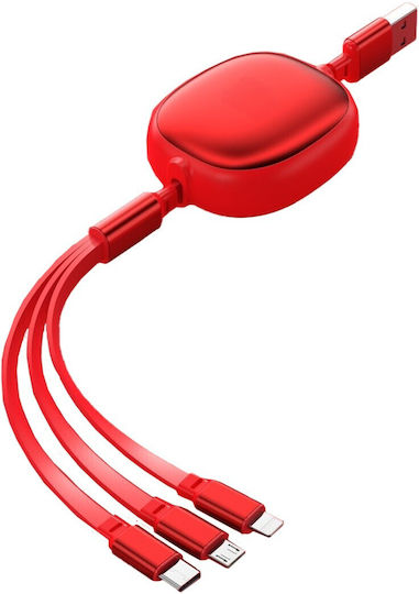 Universal Retractable Phone Cable Flippy Universal 3in1 Any Phone Type Micro-usb Lightning Type-c 1.2m Red