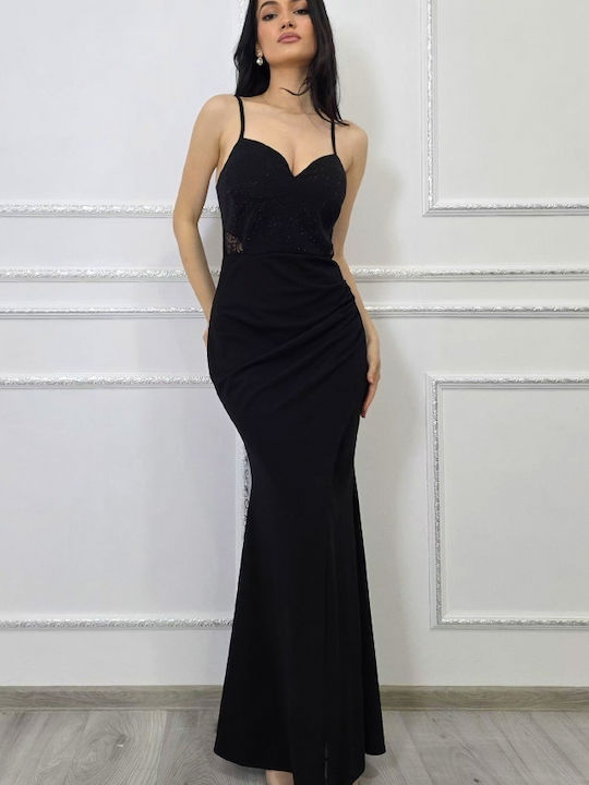 Maxi Evening Wrap Dress with Lace and Mesh Black
