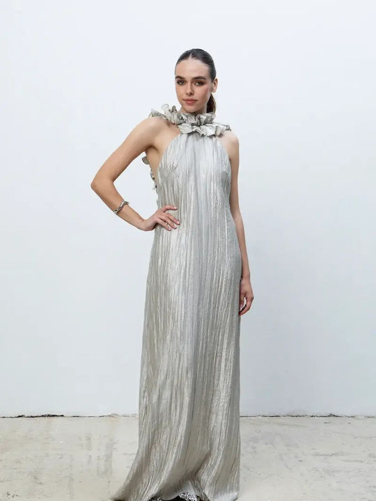 Summer Maxi Evening Dress Open Back with Ruffles Gold