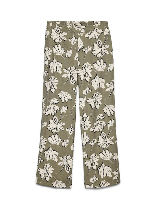Damen Stoffhose mit Gummiband Blumen Grün