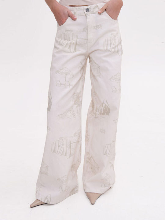 High Rise Women's Jean Pants in Wide Leg Style Ecru